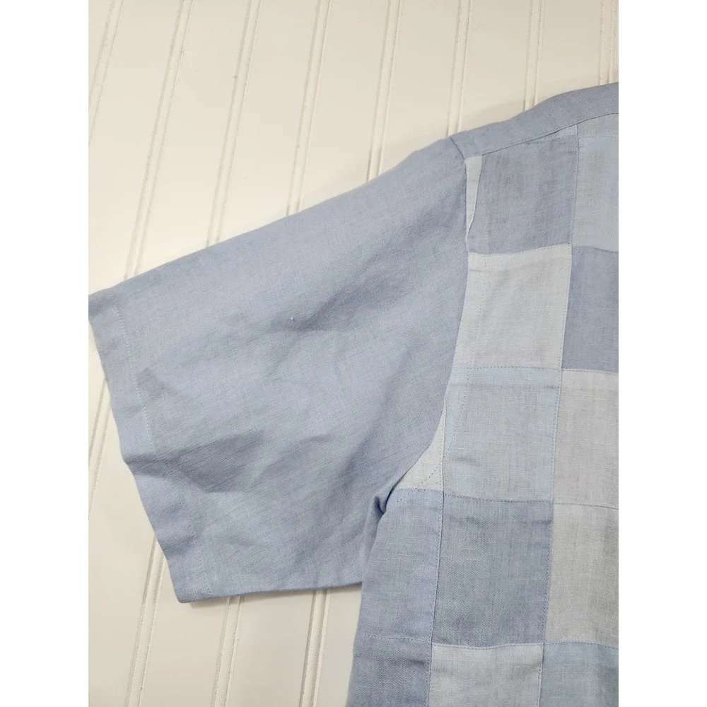 Banana Republic Men Blue Patchwork Linen Cotton Short Sleeve Button Down Shirt M